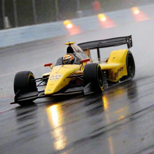 Blurry, action shot of a race car speeding around a corner on a rain-slicked track, water spraying from its tires, with streaks of red and yellow from trackside lights reflecting off the wet pavement.