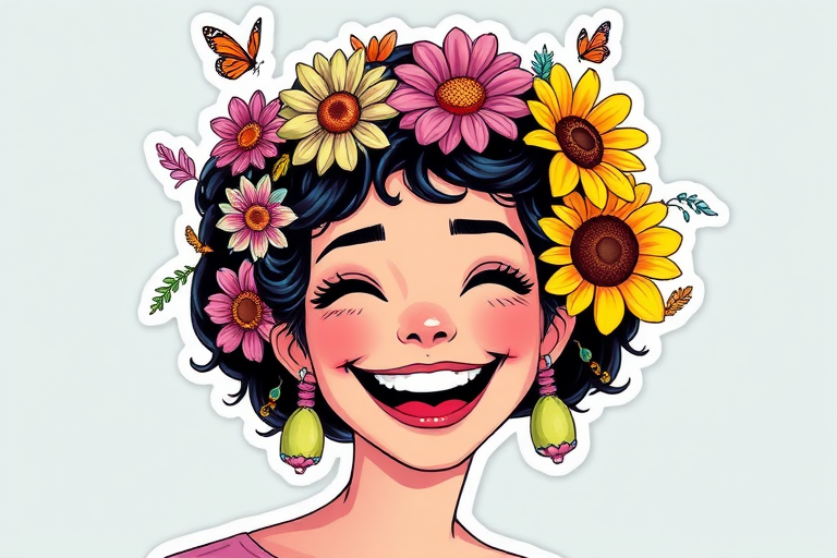 A whimsical and fun sticker of a woman with a big smile on her face. Her hair would be adorned with brightly colored flowers, such as daisies or sunflowers, surrounded by butterflies or other small creatures, digital illustration, die cut sticker:: floral::1 tropical::1 synthwave::1 ultraviolet::1 pastel::1
