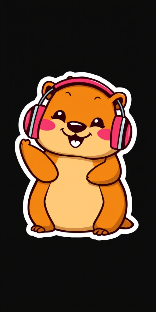 this photo is sticker, Happy Colorful Groundhog wearing Headphones, kawaii, contour, vector, black background