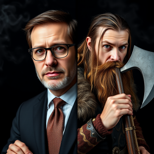 a combination of two pictures of a man in two completely different outfits and makeups. seamless stitched together vertically exactly over the middle of his face. exact same eye level on both sides. The left side shows him as a business person, without beard, wears suit, tie and glasses. The right side of him is wearing no glasses, long hair and beard and is dressed like a viking with a battle axe in his hand. The background is continuously dark with some smoke over both sides. --no visible lines or seams between both sides of the picture