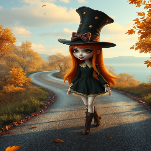 digital art fantasy depicting a strange girl with orange hair, long eyelashes, brown lipstick and a tall hat walking along a winding road on an autumn afternoon, an Oyster smiles as she passes