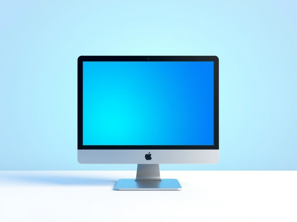 Create a high-resolution digital illustration of a modern computer monitor displaying a bright blue screen, frontal view, with soft lighting, using a DSLR camera at f/8 aperture, 50mm lens, 1/125 sec shutter speed, and ISO 100 to enhance color vibrancy and clarity.