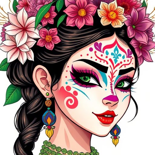Regenerate an illustration of a female character with colorful floral decorations in her hair and elaborate face paint, using a Canon EOS R5, 50mm lens, f/1.8 aperture, natural lighting, high-resolution close-up, vibrant colors, and sharp details.
