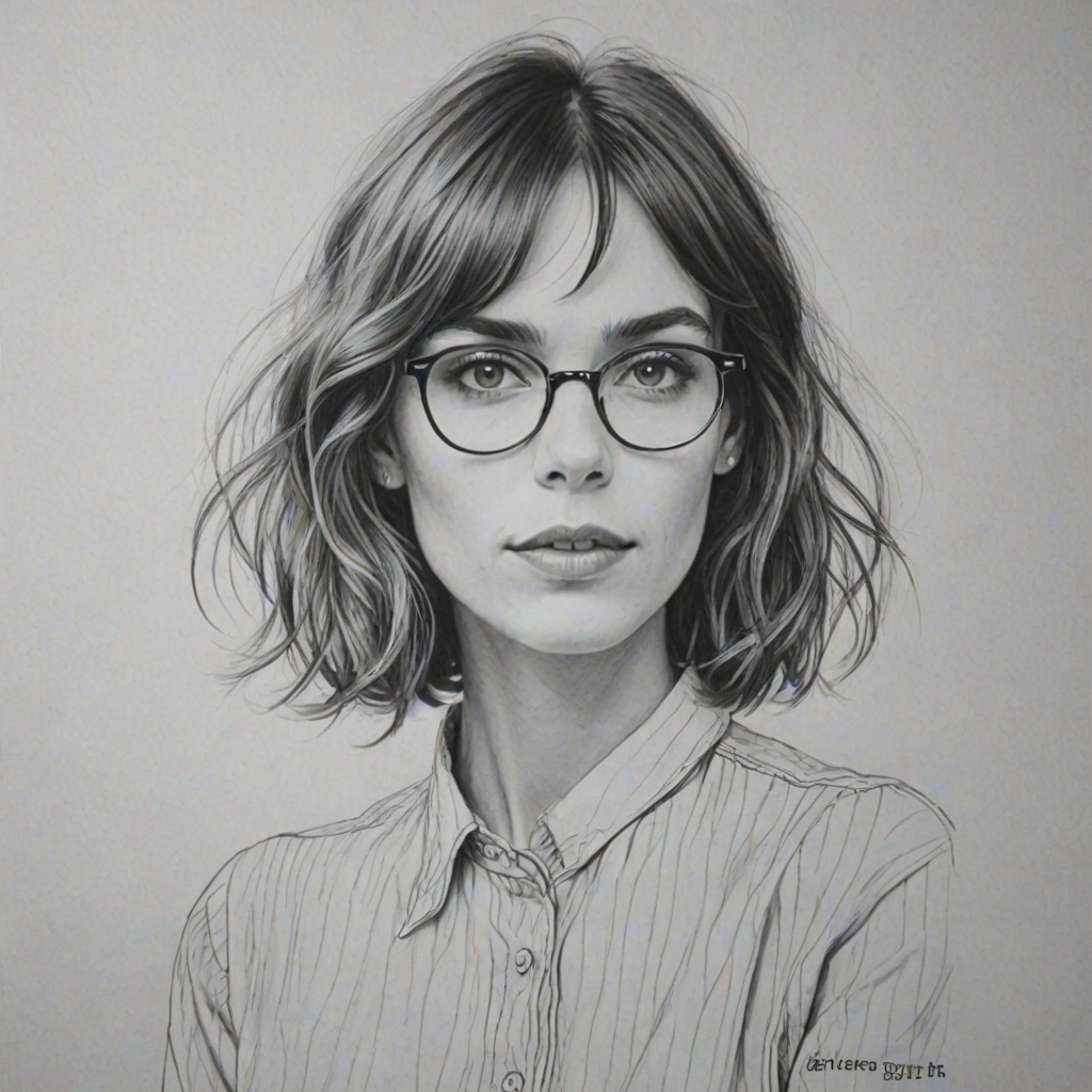 Pleasing Alexa Chung, pencil sketch, portrait of Enticing woman 1922s in glasses, hair style beatnik, outline, clear lines, fine lines, 8k