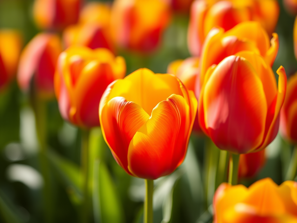 tulips in vibrant red and yellow hues, close-up view, shallow depth of field, f/2.8 aperture, 50mm lens, soft natural lighting, DSLR camera, macro photography style