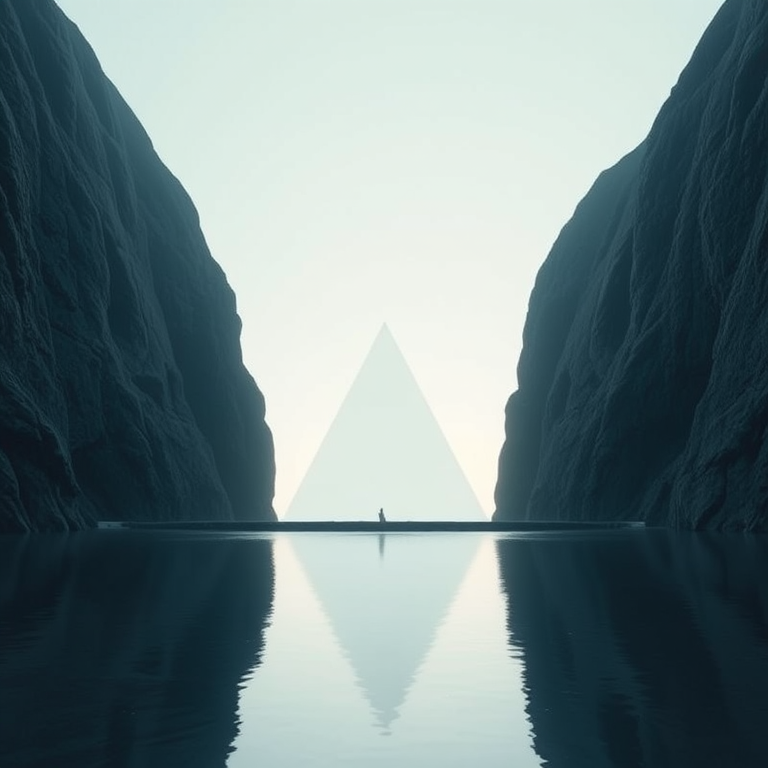 Create a photorealistic image of a minimalist landscape featuring a triangular shape emerging between two monolithic structures, captured with a DSLR camera at f/8 aperture, ISO 100, 24mm lens, in morning light, with a wide-angle view and a focus on reflections in the water.