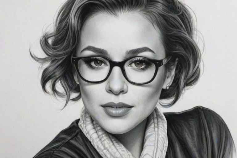 Alluring Alyssa Milano, pencil sketch, portrait of Elegant woman 1929s in glasses, hair style beatnik, outline, clear lines, fine lines, 8k
