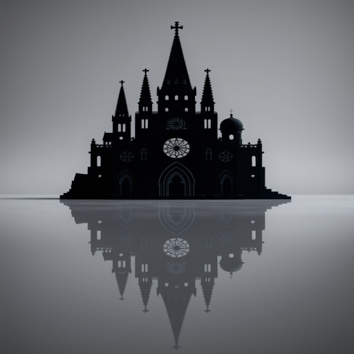 Create a high-resolution image of a stylized black silhouette of a gothic cathedral with intricate patterns, reflecting on a smooth gray surface, using a DSLR camera with a 50mm lens, aperture f/1.8, ISO 100, and a shallow depth of field for enhanced detail and clarity.