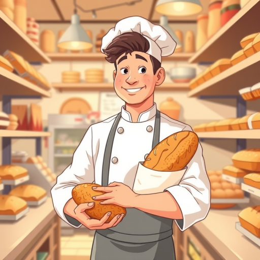 Create an illustration of a chef in a bakery holding fresh bread, surrounded by shelves of baked goods, in a bright and welcoming style, using a Canon EOS R5, 50mm f/1.2 lens, Aperture Priority mode, ISO 100, warm lighting, and a shallow depth of field to enhance image quality.