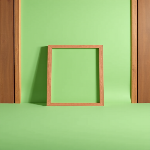 Create a high-resolution image of a wooden-framed picture with a smooth green background, using a 50mm lens, f/2.8 aperture, ISO 100, in natural lighting, with a DSLR camera from a frontal perspective to enhance clarity and depth.