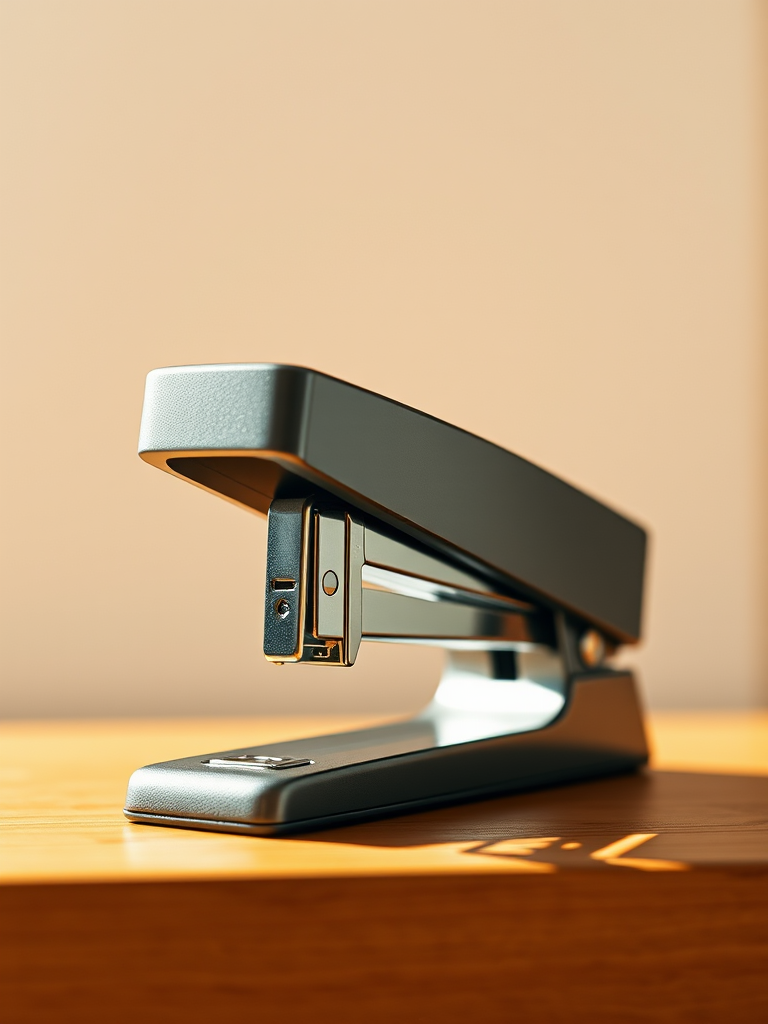 create a high-resolution vector-style illustration of a stapler from a slight angle, using a Canon EOS R5 with a 50mm lens at f/8, ISO 100, capturing in soft natural lighting for enhanced detail and clarity
