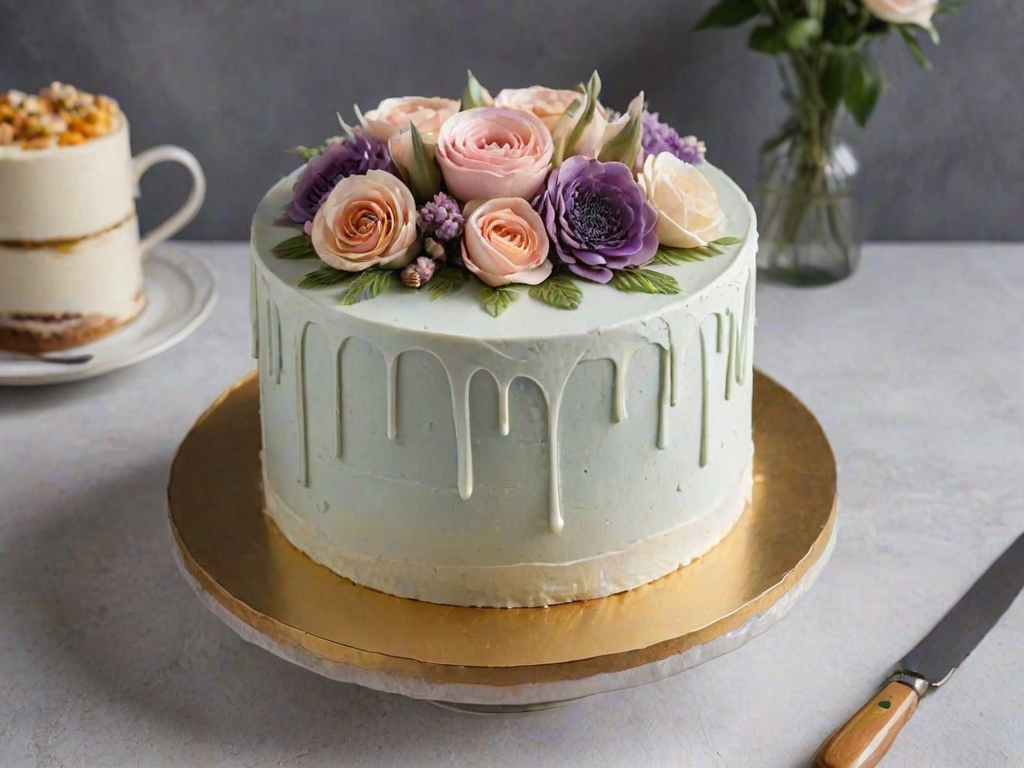 Generate an image of a multi-layered cake with a light frosting and decorative flowers on top. The cake should have a visible cross-section showing its moist interior, with a mix of colors and textures. The background should be simple and elegant, enhancing the cake's appearance.