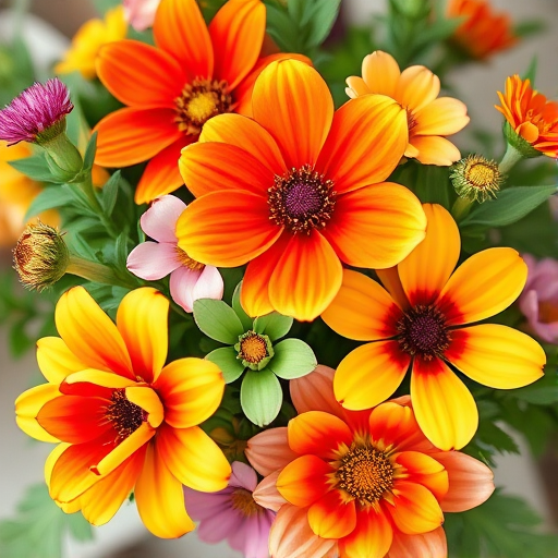 Create an image of vibrant, hand-drawn style flowers with soft outlines and bright colors, using a DSLR camera with a 50mm lens, f/2.8 aperture, and a shallow depth of field, shot from a top-down perspective to emphasize the floral arrangement, with natural lighting to enhance colors and details.