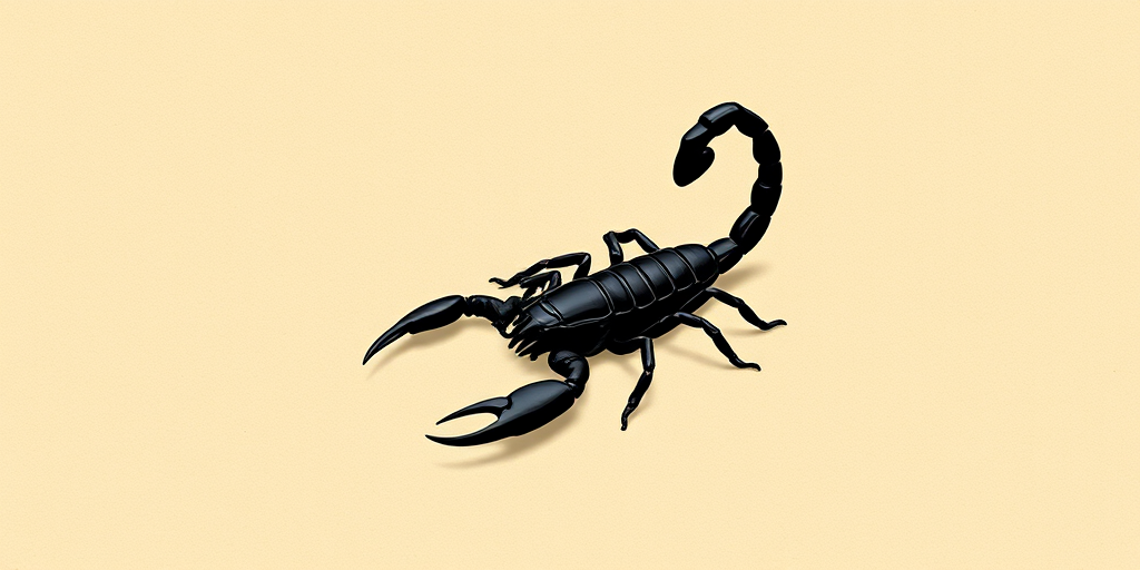 create a high-resolution vector illustration of a stylized black scorpion on a textured beige background, using a Canon EOS 5D Mark IV with a 50mm lens at f/2.8, ISO 100, and a shallow depth of field for a sharp focus on the scorpion while blurring the background for a clean aesthetic
