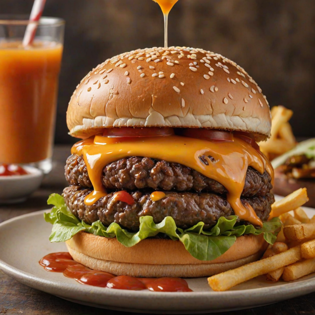 High-resolution, close-up image of a gourmet double cheeseburger. The burger features a glossy, sesame-seed-topped brioche bun. Inside, there are two thick, juicy beef patties, each topped with melted cheddar cheese. The burger is garnished with fresh lettuce, tomato slices, diced onions, and pickles. A generous amount of ketchup and a creamy, orange-colored sauce is dripping down the sides, adding to the mouth-watering appeal. In the background, there are blurred elements including a side of golden French fries and a hint of a beverage, enhancing the overall presentation of a delicious meal.