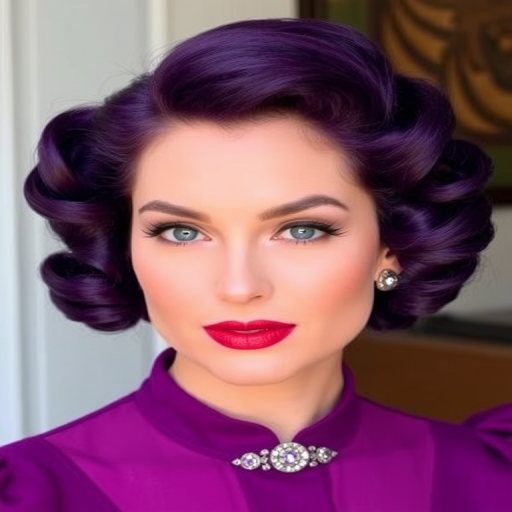 Regal purple victory rolls, dubbed "Amethyst Royalty," combine vintage styling with a modern, jewel-toned hue for a bold and sophisticated look