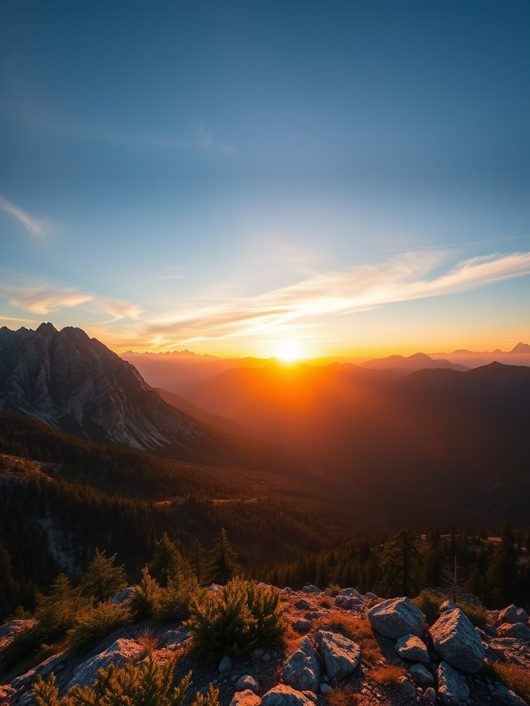 Create a high-resolution image of a serene mountain landscape during sunrise with soft light and vibrant colors, using a Canon EOS 5D Mark IV, 24mm f/1.4 lens, aperture set to f/8, ISO 100, and a tripod for stability, capturing a panoramic view with a wide angle to showcase the expansive scenery.