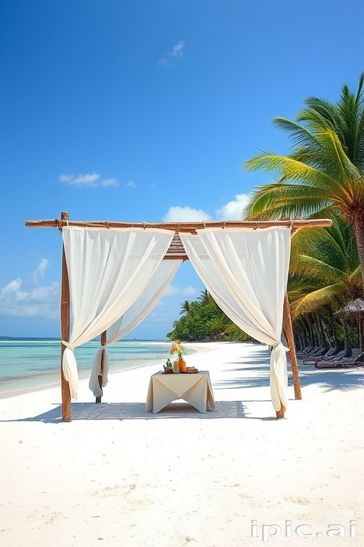 Create a picturesque tropical beach scene featuring a serene, white sandy shore. In the foreground, there's a rustic wooden canopy with white drapes gently flowing in the breeze. Underneath the canopy, a table is set with tropical decor, evoking a sense of relaxation and leisure. The beach extends into a calm, shallow water area with reflections of the sky and surroundings. Palm trees and lush greenery line the edge of the beach, providing a natural, tropical backdrop. The sky is clear with a few scattered clouds, and the overall atmosphere is tranquil and inviting, perfect for a peaceful retreat.