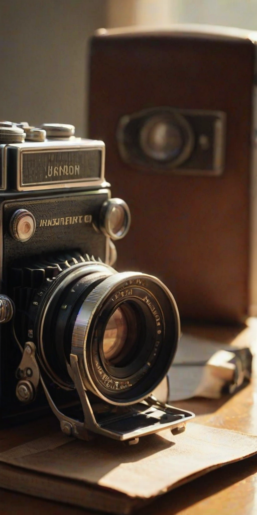 Sharp, detailed close-up of a vintage film camera, sunlight reflecting off the lens, soft shadows cast on the table, a roll of film lying beside it, the smell of leather and old film filling the air, a nostalgic atmosphere captured.