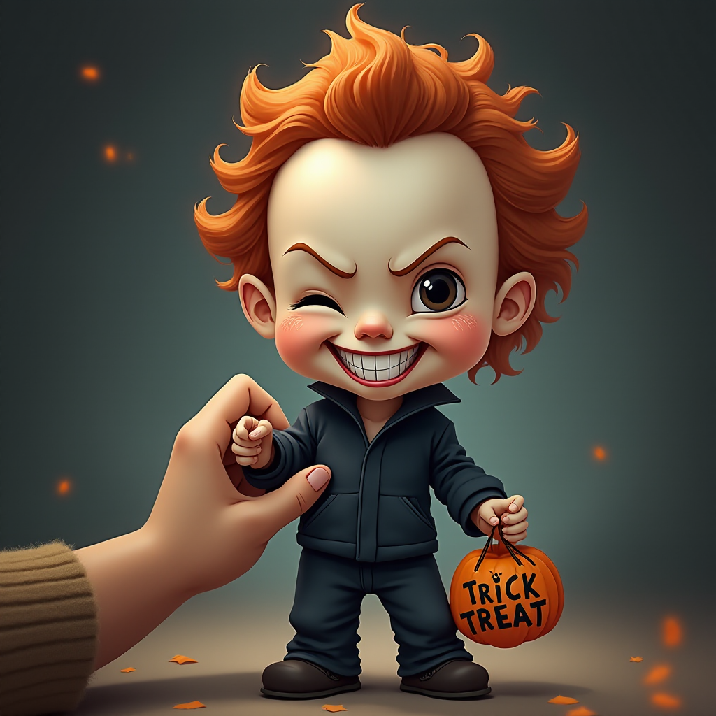A whimsical caricature of a child version of Michael Myers, grinning mischievously. He is held by the hand of an unrecognizable person (only their hand visible), while holding a bag labeled 'Trick or Treat.' His facial expression is playful yet slightly menacing, reflecting his iconic figure. The scene is in portrait format with a Halloween theme, featuring exaggerated cartoon details like big eyes, a small body, and a creepy yet light-hearted tone.