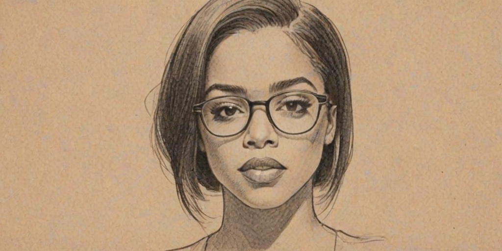 Enticing Aaliyah Haughton, pencil sketch, portrait of Enchanting woman 1925s in glasses, hair style beatnik, outline, clear lines, fine lines, 8k