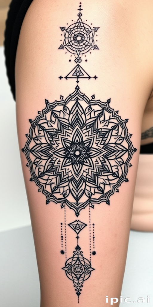 Blackwork sacred geometry tattoo featuring intricate mandala patterns and mystical symbols, gradually fading from solid black to delicate dotwork for a mesmerizing visual effect