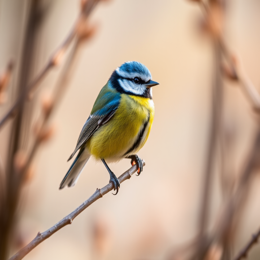 capture a colorful blue tit bird perched on a twig amidst soft blurred foliage, using a 85mm lens at f/2.8, ISO 200, shutter speed 1/500s, natural light, close-up shot, focus on the bird with a shallow depth of field, DSLR camera