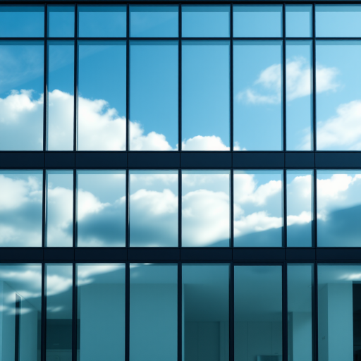 Create an image of a modern building facade featuring large glass windows reflecting the sky. The design should incorporate sleek lines and a combination of light and dark materials, emphasizing a contemporary architectural style. The focus should be on the arrangement and symmetry of the windows, capturing the interplay of light and shadows.