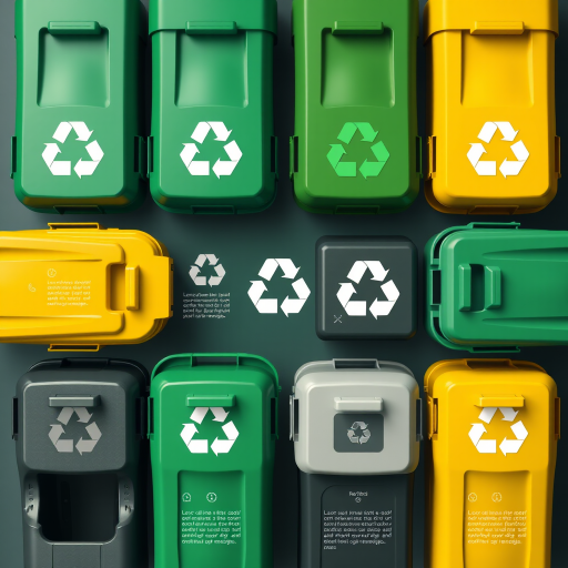 Create a detailed infographic of recycling bins in various colors (green, yellow, gray) with recycling symbols, high-resolution digital art style, camera settings: f/5.6, ISO 100, 1/125s, top-down view, shot with a DSLR camera.