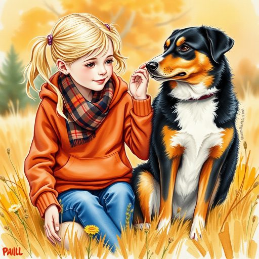 A detailed watercolor and acrylic illustration showing a heartwarming scene between a young blonde girl in pigtails and a Bearnaise Mountain dog. The girl, dressed in a rust hoodie, jeans, and a plaid scarf, gently rests her hand on the dog’s head. The dog, with black, copper, and white fur, sits beside her, tilting its head in affection. They sit on golden grass with wildflowers, against a sunny fall background. The artwork focuses on realistic textures and the tender bond between them.