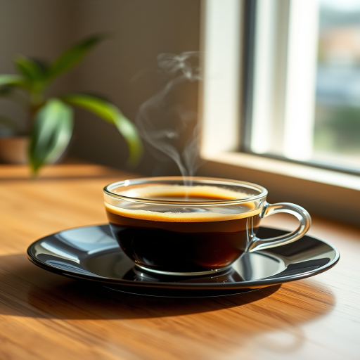 Create a hyper-realistic image of a steaming cup of coffee on a plate, using a DSLR camera with a 50mm lens, aperture set to f/1.8, ISO 200, and natural light from a window for enhanced image quality.