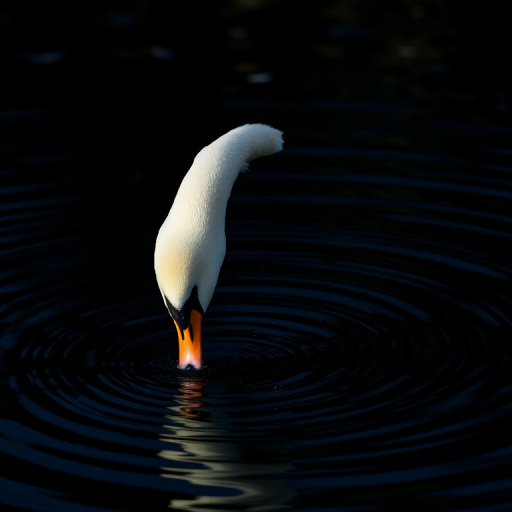 swan gracefully dipping its head into dark rippling water, soft natural lighting, focus on the swan with a blurred background, DSLR camera, 50mm lens, aperture f/2.8, ISO 100, shutter speed 1/250 second