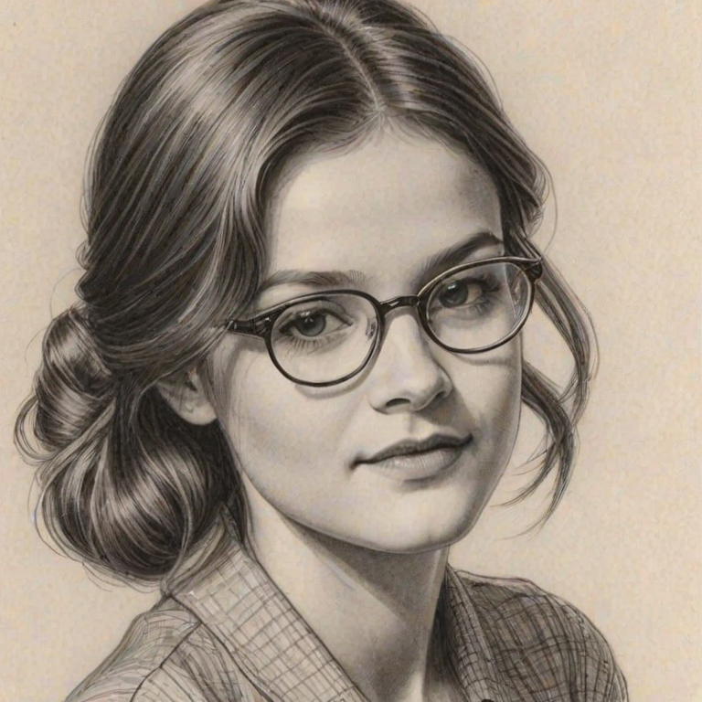 Beauteous Ciara Bravo, pencil sketch, portrait of Delightful woman 1936s in glasses, hair style beatnik, outline, clear lines, fine lines, 8k
