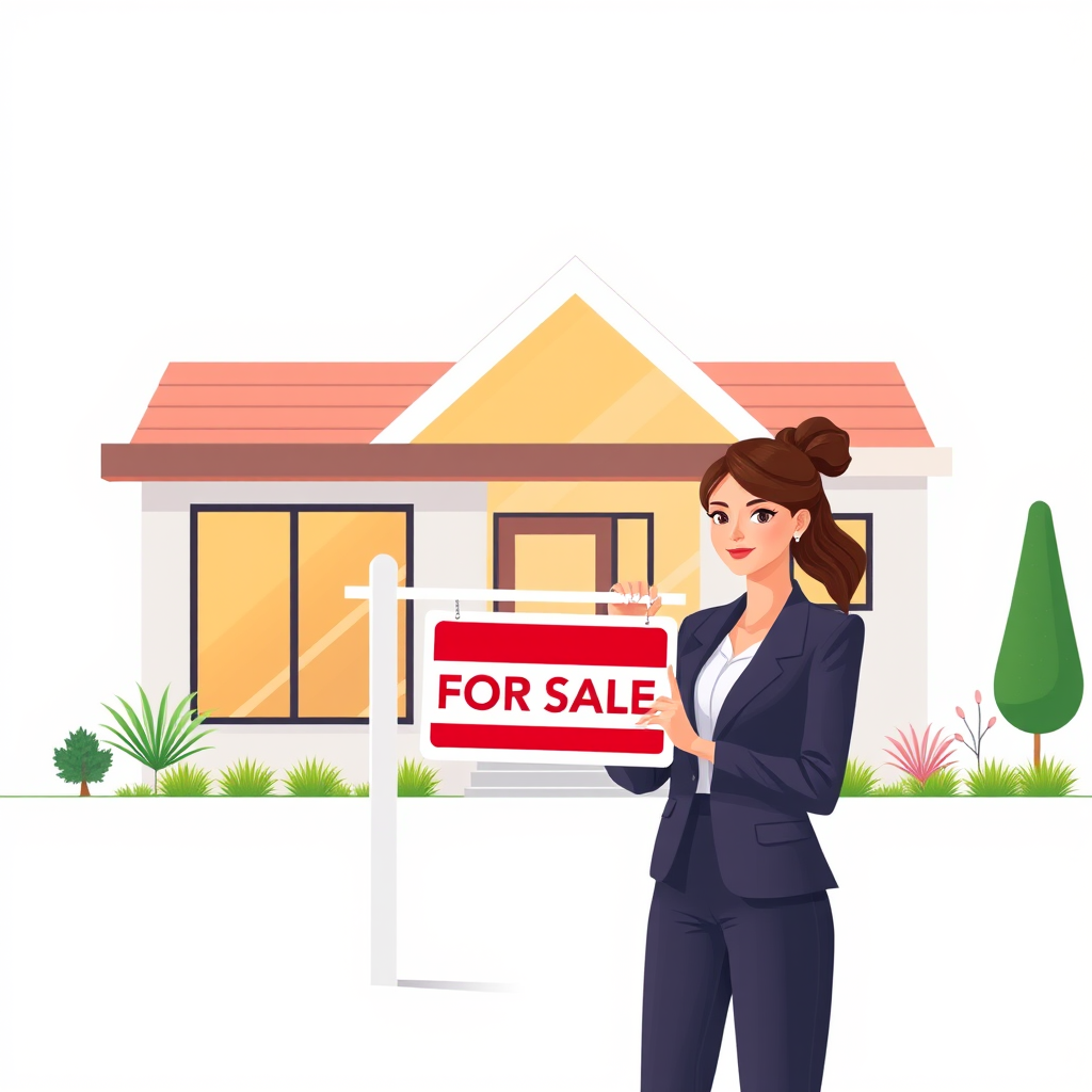 Create an illustration of a modern house with a "FOR SALE" sign outside, featuring a woman in business attire holding the sign, bright colors, minimalistic style, captured with a Canon EOS R5, 50mm lens, f/1.8, 1/200s, ISO 100, in a flat lay perspective with a soft pastel background.