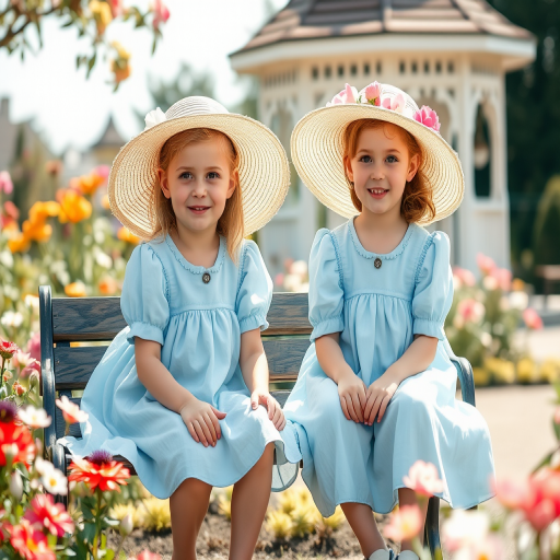 Generate a vintage portrait of two young girls in light blue dresses with wide-brimmed hats adorned with flowers, sitting on a garden bench surrounded by blooming flowers, with a gazebo in the background; use a soft focus lens at f/2.8 for a shallow depth of field, a warm color palette, and a high-resolution digital camera at 50mm focal length to enhance image quality.