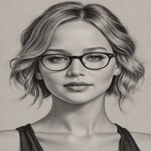 Stunning Jennifer Lawrence, pencil sketch, portrait of Dazzling woman 1928s in glasses, hair style beatnik, outline, clear lines, fine lines, 8k