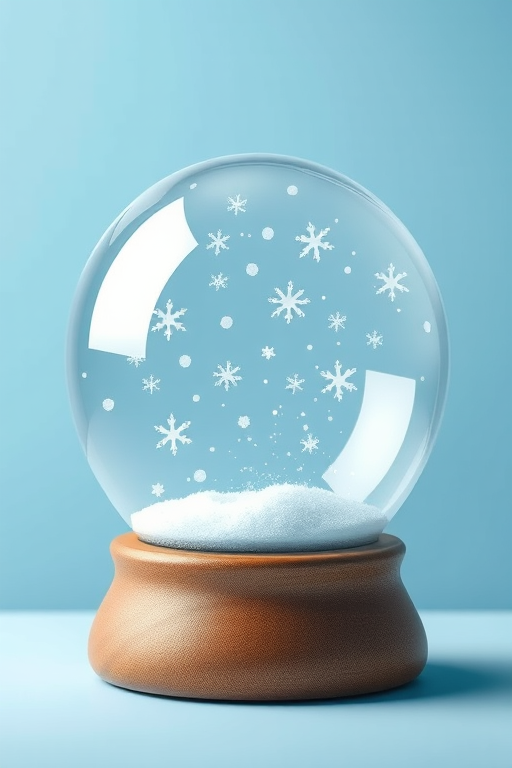 Create an illustration of a snow globe with a clear glass dome and wooden base, featuring swirling white snowflakes against a soft blue background, captured with a 50mm lens, f/2.8 aperture, ISO 100, in a studio lighting setup.