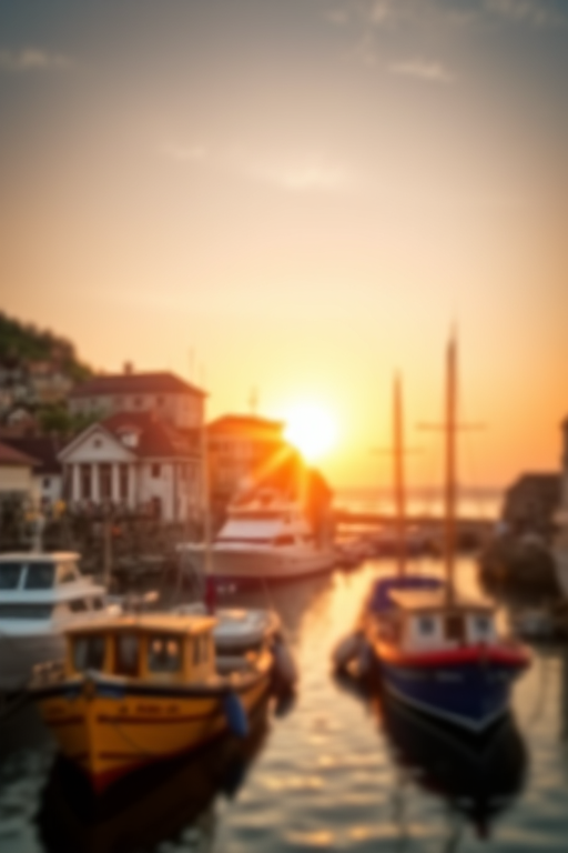 Soft-focus image of a charming fishing village at sunset, with colorful boats docked in the harbor and soft light reflecting off the water, creating a peaceful ambiance.
