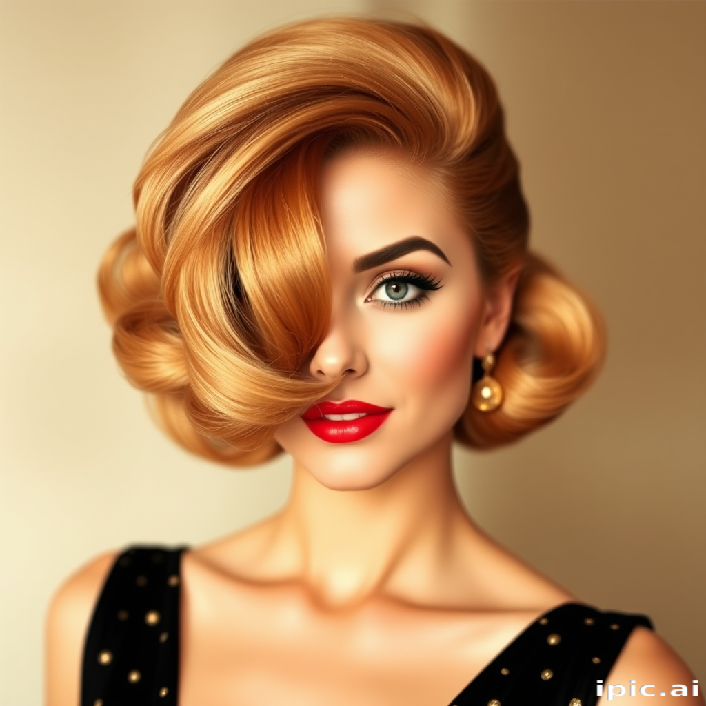 Glamorous diva flaunting a voluminous, 1960s-inspired bouffant hairstyle with a deep side part and honey blonde highlights