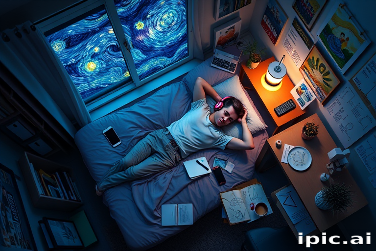 A top-down Van Gogh-style painting of a young man lying on his bed, listening to music with headphones. The room is softly lit with deep blues and purples, creating a peaceful nighttime atmosphere. The bed has a soft pillow, and the man's arms are resting behind his head. Around the bed, various glowing gadgets such as a smartphone, a laptop, and a small lamp are visible, casting a gentle light. The rest of the bedroom includes a desk with books, a chair, and a small rug on the floor. A window near the bed reveals a starry night sky with swirling stars, reminiscent of Van Gogh's 'Starry Night.' On the desk, there is a sketchbook with colorful drawings, a cup of coffee steaming gently, and a small potted plant. The walls have posters of famous paintings and a corkboard with pinned notes and photos. The scene is full of dynamic, swirling brushstrokes, capturing the essence of Van Gogh's unique style. The overall mood is serene and contemplative, with a touch of artistic inspiration.
