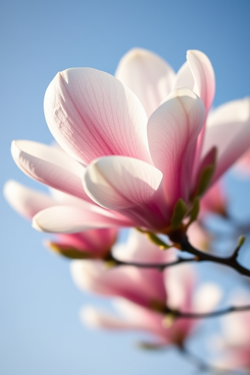 magnolia flowers in full bloom against a clear blue sky, macro photography, aperture f/2.8, shutter speed 1/200s, ISO 100, taken with a DSLR camera, natural light, soft focus background