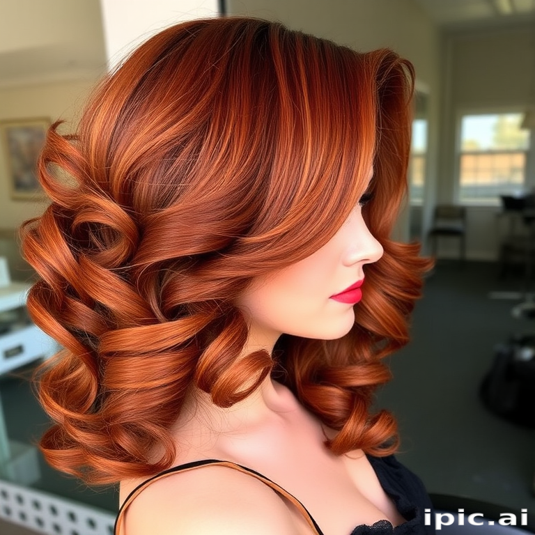 Rich auburn locks styled in voluminous vintage curls, courtesy of "Timeless Tresses" boutique, boasting a deep side part and glossy finish that evokes old Hollywood glamour, with subtle caramel highlights woven throughout to add dimension and warmth to the classic look.