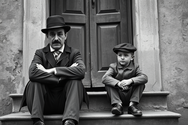 A black-and-white photograph of a man and a child sitting on steps in front of a doorway. The man is dressed as a tramp with a bowler hat, mustache, and ragged clothes, reminiscent of Charlie Chaplin's iconic look. He is sitting with his arms crossed and an expression of slight sadness or frustration. Next to him is a young boy, also in worn clothes and a cap, sitting with his hands clasped, looking thoughtful. The background is an old, textured wall and a partially open door, creating a vintage, early 20th-century atmosphere.