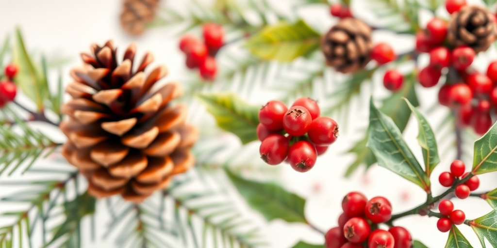 Create a highly detailed botanical illustration of pine cones, red berries, and holly leaves, using vibrant watercolors with a soft focus background, captured with a Canon EOS R5, 50mm lens, f/8 aperture, ISO 100, in natural light.