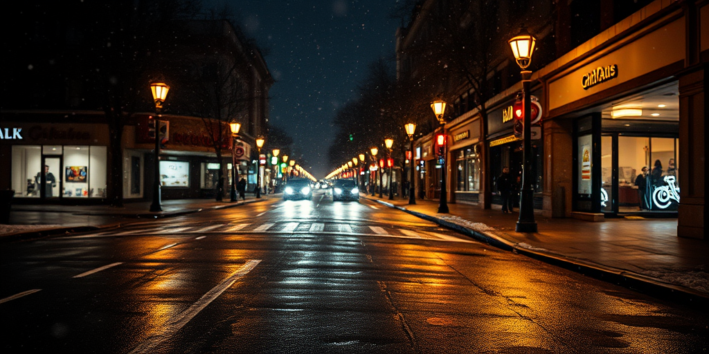 moody urban street scene at night with softly glowing streetlights and falling snow, captured with a DSLR camera at f/1.8, ISO 200, shutter speed 1/50s, wide-angle lens, capturing reflections on wet pavement for enhanced depth and detail