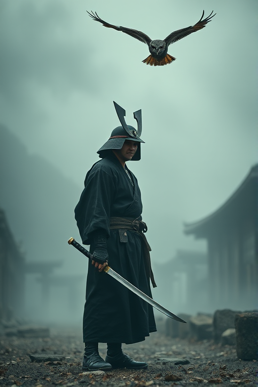 A samurai standing in a misty, ancient ruins environment, wearing a traditional black kimono with a katana in hand, an owl flying overhead, captured with a Canon EOS R5, 50mm lens, f/1.8 aperture, ISO 100, with a soft focus background and dramatic lighting to enhance details and atmosphere.