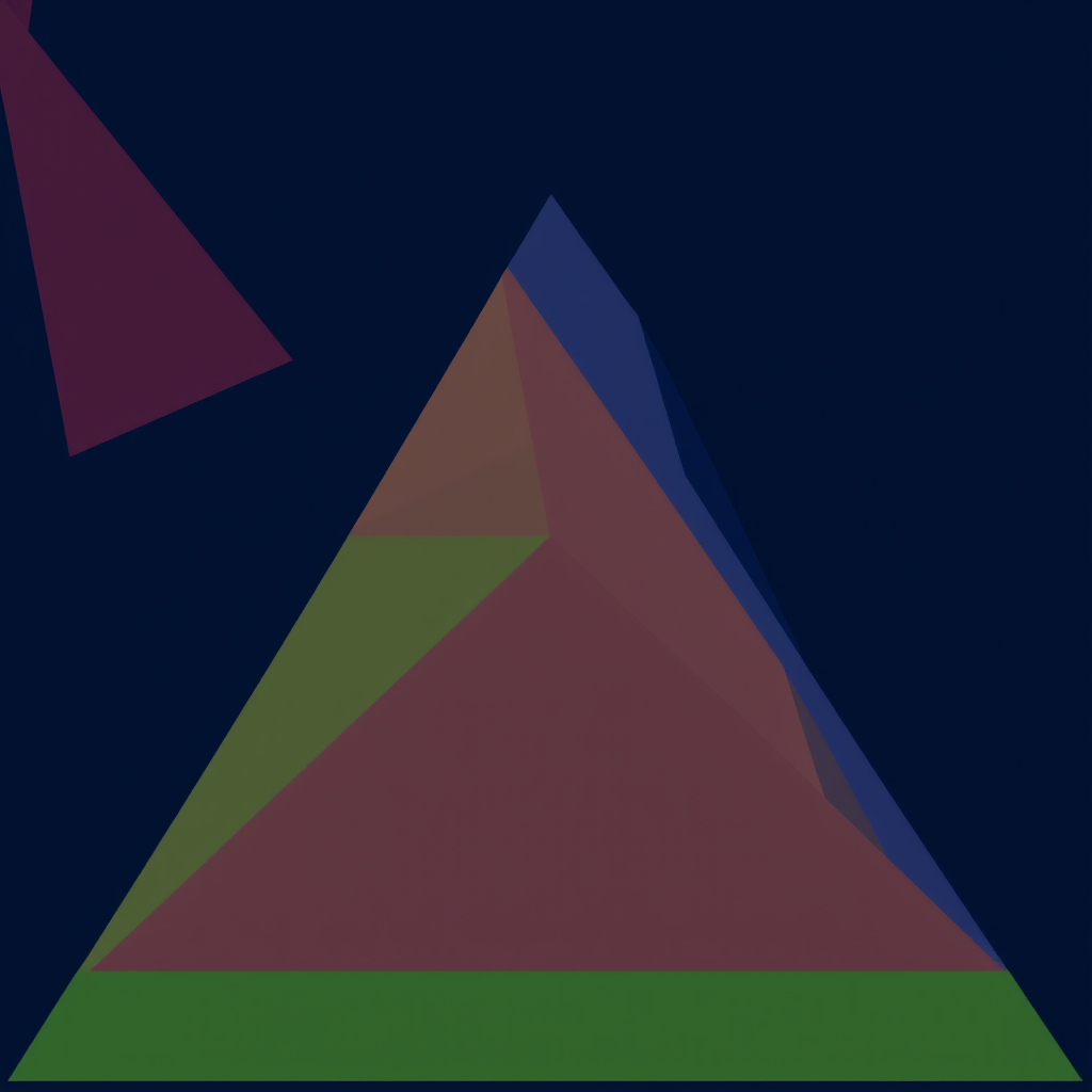 create a minimalist vector art image of colorful overlapping triangles in a gradient style against a dark blue background, high resolution, 50mm lens, f/5.6 aperture, ISO 100, top-down view, digital camera