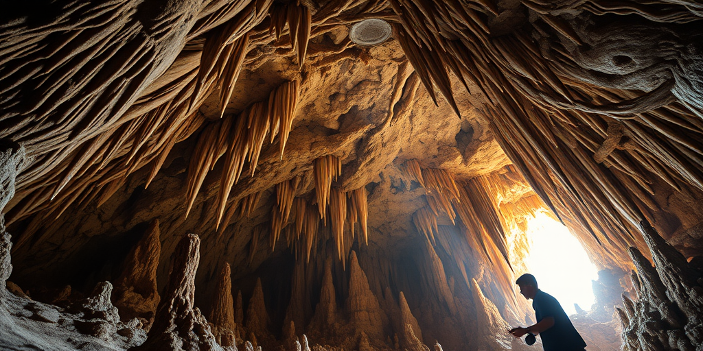 Create a highly detailed image of a stunning cave interior with stalactites and stalagmites, illuminated by soft sunlight filtering through the entrance, using a DSLR camera with a 24mm lens, aperture set to f/8, ISO 100, and a long exposure of 2 seconds, in a wide-angle view to capture the grandeur of the formations.