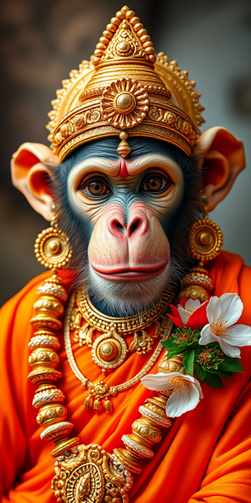 Create a high-resolution image of a mythological monkey deity with intricate golden jewelry, vibrant orange clothing, and a floral ornament, using a Canon EOS 5D Mark IV with a 50mm f/1.8 lens, shot in portrait mode, with soft lighting to emphasize texture and detail.