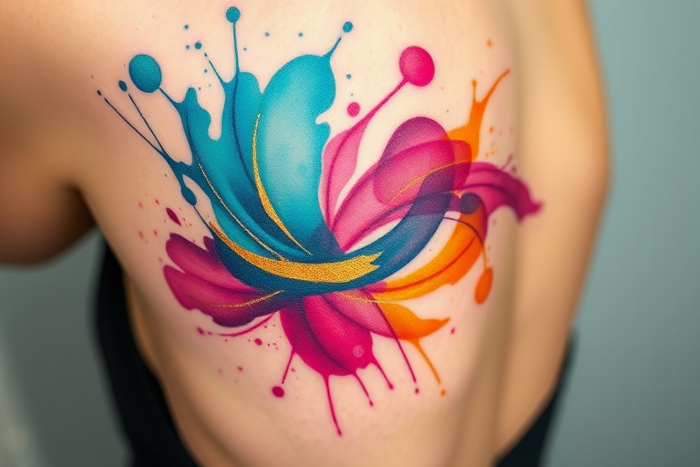 Vibrant watercolor splash tattoo named "Chromatic Symphony" featuring abstract swirls of teal, magenta, and gold intertwining gracefully across the skin creating a fluid and dynamic design that appears to dance with movement elegant brushstrokes blend seamlessly giving the illusion of paint freshly applied to canvas bursts of color radiate outward in a harmonious explosion of hues